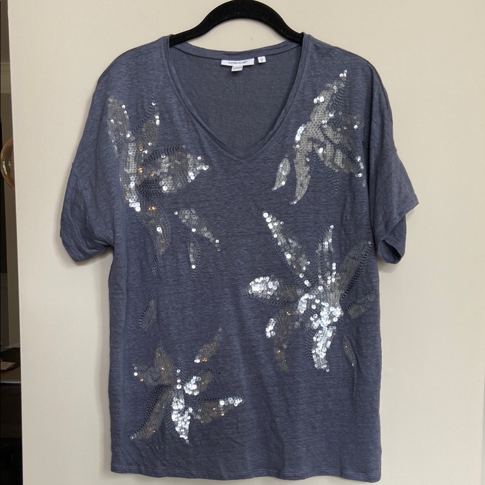 Chico's Gray Sequin Relaxed Short Sleeve Tee